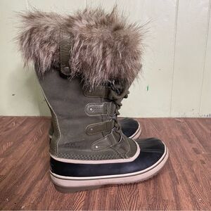 Sorel Womens Joan of Artic Waterproof Green Suede Snow Boots 8‎ Faux Fur Trim